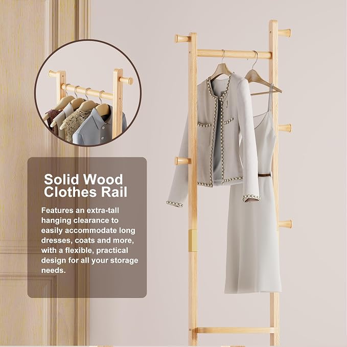 Solid Wood Coat Rack Freestanding, Clothing Rack with 5 Hooks & Bottom Shelf, Heavy Duty Coat Rack Stand for Hanging Clothes, Wood Hall Tree Organizer for Entryway, Bedroom (Natural Wood)