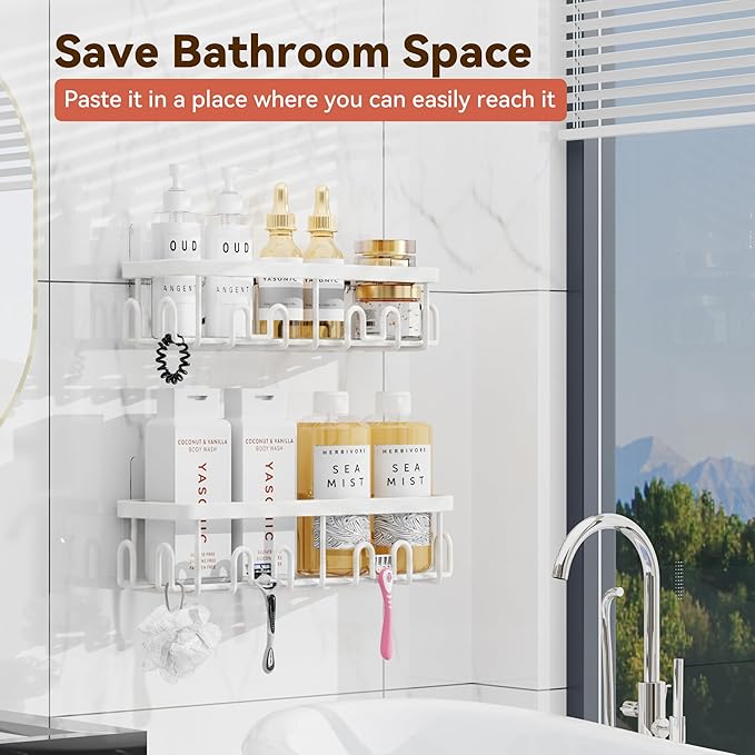 YASONIC Shower Caddy Adhesive, 100% Rustproof Shower Organizer, Large Capacity Shower Shelves for Inside Shower, No Drill Shower Storage for Home (2 Pack White)