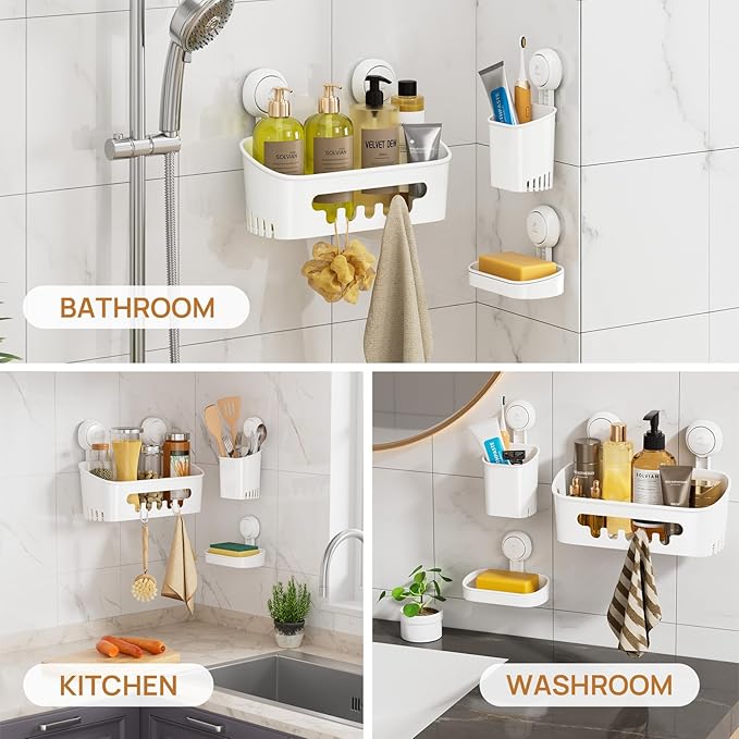 LEVERLOC Shower Caddy Suction Cup Set Shower Organizer & Soap Holder & Toothbrush Holder, Bathroom Shelf Basket NO-Drilling, Removable Suction Storage Waterproof Bathroom Caddy, White | Toothbrush Holder, NO-Drilling Bathroom Shelf, Removable Suction S...