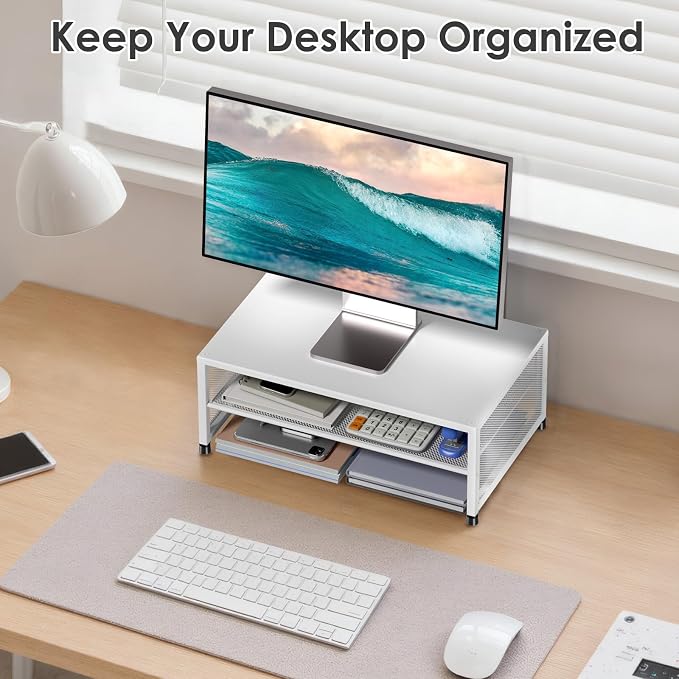 ECOLOVI 2-Tier Computer Monitor Stand Riser, Desk Organizer for Monitor, Printer & Laptop Stand, Desktop Workspace Organizers for Office Supplies(White)