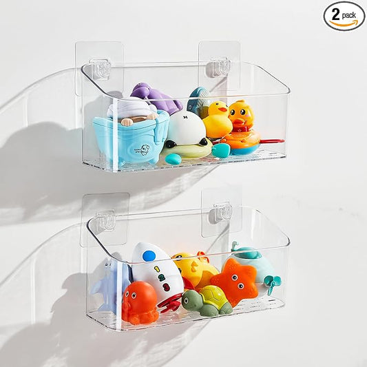 Bath Toy Storage Holder for Bathtub, Clear Bath Toy Organizer Large Capacity Bathtub Toy Storage Shower Caddy for Bathroom (2 Large) | BPA-Free Material, Quick Drainage, Adhesive Wall Mount, Clear Visibility