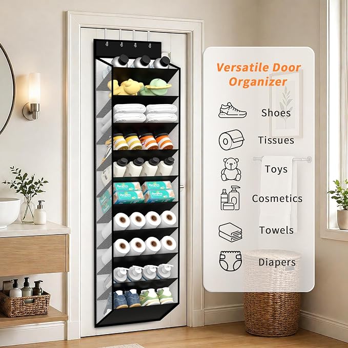 KEEPJOY 10-Tier Over Door Mesh Shoe Organizer with Large Deep Pockets, Hanging Door Shoe Storage Rack That Holds 20–30 Pairs of Sneakers, Boots and Other Footwear (Piano White)