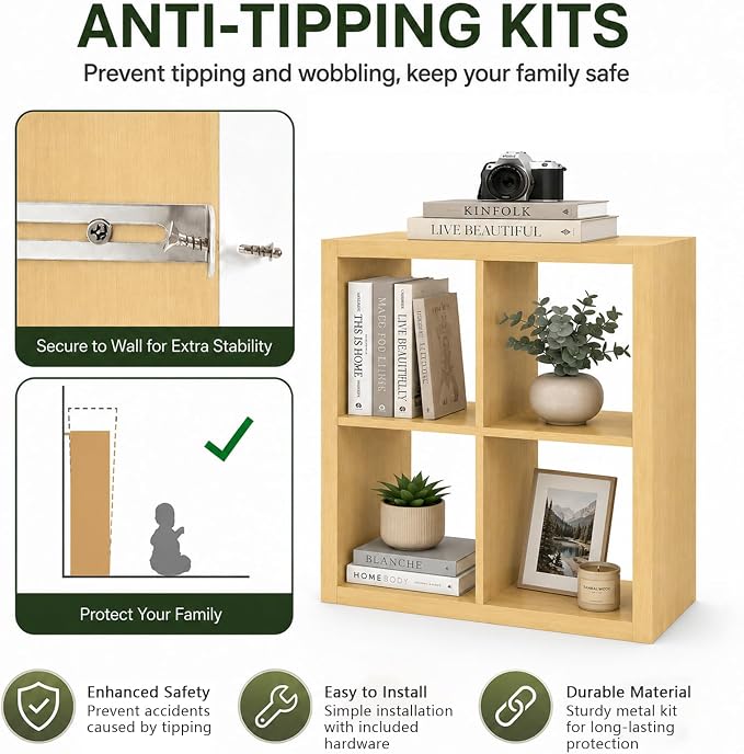 CTESNE【Wooden 4 Cube Storage Organizer Shelf with Anti-Tipping Kits, Horizontal and Vertical Dual-use Standing Open Bookshelf（Oak 13in）