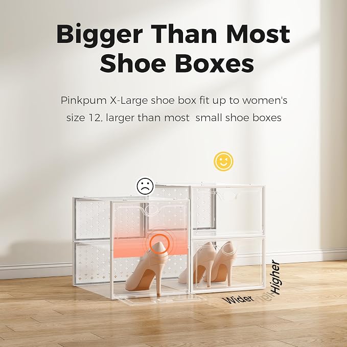 12 Pack X-Large Shoe Storage Boxes, Shoe Organizer Clear Stackable | Fit US Size 11, 6.2” Height, Shoe Dispaly Case Holder Bins Sneaker Storage for Sneakerheads, For Home and Family, White