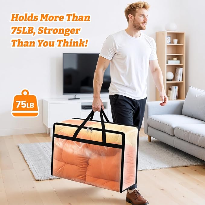 BlissTotes 6 Pack Clear Clothes Storage Bags, Moving Bags, Foldable Blanket Storage Under Bed Storage Containers with Sturdy Zipper and Handle for Clothing, Comforter, Bedding, Sheet (60L)