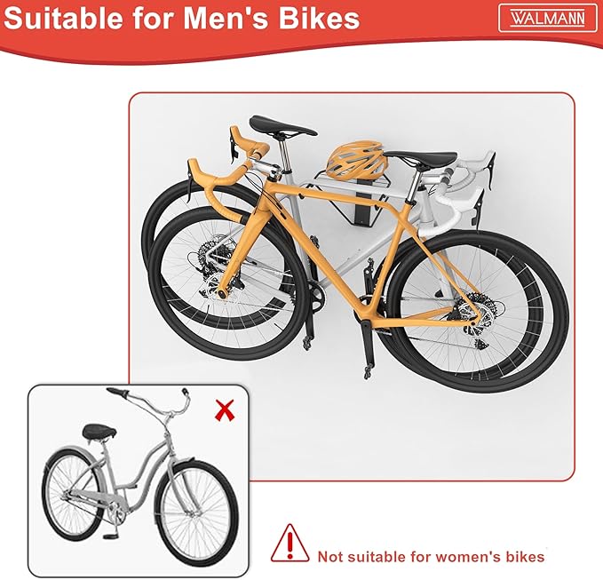 WALMANN Wall Mounted Horizontal Bike Rack, Foldable Space Saving Bicycle Storage Solution for 2 Bikes, Indoor Bike Storage for Garage