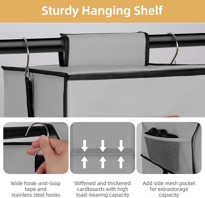 Hanging Closet Organizer 6-Shelf, Upgrade Closet Organizers and Storage with 5 Removable Drawers & 4 Side Pockets, Hanging Shelf Organizer for Bedroom or Garment Rack, 12.6'' x 12.6'' x 44.1'', Gray
