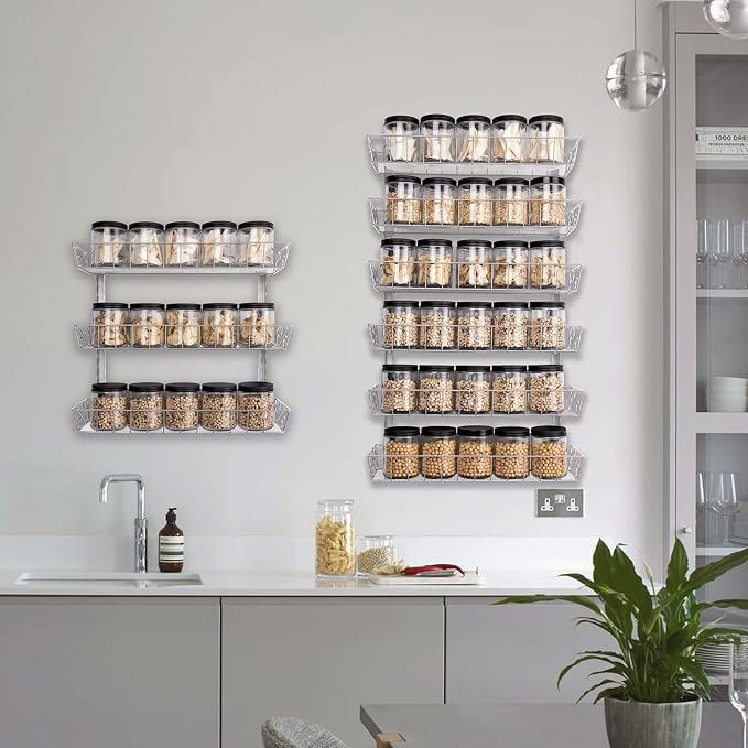 SWOMMOLY Wall Mount Spice Rack Organizer, 9-Tier Adjustable Dual-Use Shelf | Hanging Spice Rack Organizer, Kitchen Pantry Cabinet Storage Holder for Spices, Mason Jars, Bottles & Cans, Silver