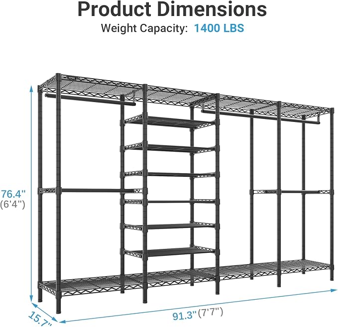 VIPEK S4 Clothes Rack with Shoe Shelves for Bedroom/Walk-In Closet, Black | Freestanding Clothing Rack with 8-Tier Shoe Rack, 4 Hanging Rod, Adjustable Shelf, Heavy Duty Storage Organizer for Closet