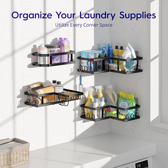 Youvip Shower Caddy Corner No Drilling-Adhesive, Shower Shelves-Rustproof | Organizer for Dorm. Black, 4-Pack - with Soap Holder