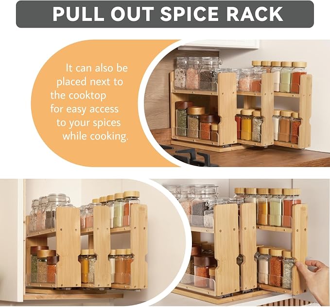 Bamboo Pull Out Spice Rack Organizer for Cabinet, 3 Slide-Out Drawers(2"&3") with Wide Drawer for Large Bottles, Kitchen Pantry Heavy-Duty Sliding Vertical Organization, 8.6"W,2-Tier,Natural