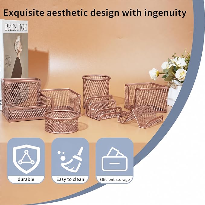 Desk Organizer for Office, 6 Pieces Mesh Desk Multi-functional Storage Set Office Supplies Accessories (Rose Gold)