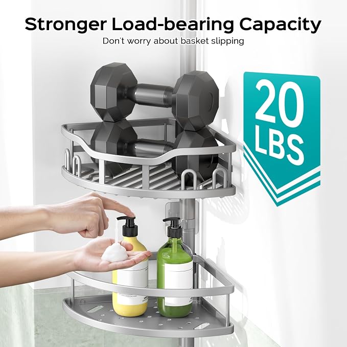 HAMITOR Corner Shower Caddy Tension Pole: Rustproof 4-Tier Bathroom Organizer Shelves for Bathtub Shampoo Storage - 47-121 Inch Quick Install Adjustable Rod Standing Rack with Soap Rack - Silver Gray