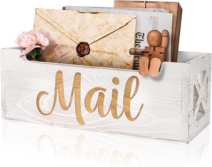 Wooden Mail Organizer Countertop | White Finsh Mail Holder for Wall | Rustic Desk Mail Sorter Basket Letter Holder for Home Office Entryway Decor