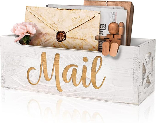 Wooden Mail Organizer Countertop | White Finsh Mail Holder for Wall | Rustic Desk Mail Sorter Basket Letter Holder for Home Office Entryway Decor