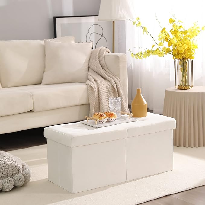Storage Ottoman Bench Foldable Seat Footrest Shoe Bench End of Bed Storage with Flipping Lid, 75L Storage Space, 30 inches Velvet Cream