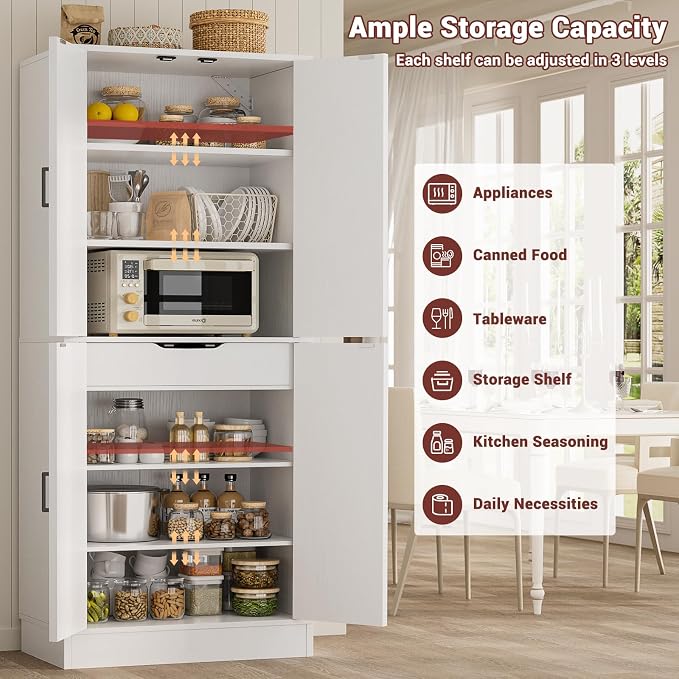 Unikito 71" Tall Kitchen Pantry Storage Cabinet with Farmhouse Barn Doors and Storage Drawer, 4 Adjustable Shelves, Freestanding Cupboard for Dining Room, Living Room, Utility Room, White