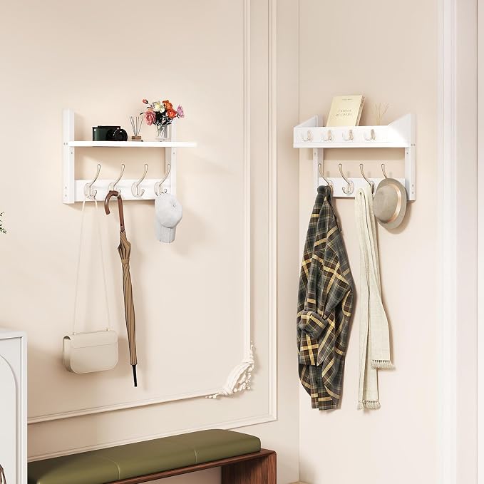 YMYNY 31.5" Coat and Key Rack Wall Mount with Shelf, White, HWS007W-2 | 4-in-1 Coat and Key Hanger with 12 Metal Hooks, Entryway Wall Shelf with Hooks & Mail Holder for Living Room, Bedroom