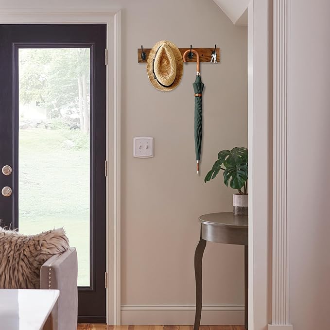 Coat Rack Wall Mounted, Wall Coat Rack with 4 Rustic Coat Hooks, 17” Entryway Ash Wood Coat Hanger Rail Hooks for Hanging Coats Hats, Perfect for Bedroom Bathroom Kitchen