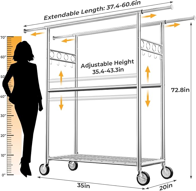 Heavy Duty Clothes Rack Load 1060LBS, Four Rods Rolling Clothing Racks for Hanging Clothes, Rolling Garment Rack With Sturdy Wheels Shelves Hooks, Portable & Adjustable Commercial Garment Rack, Silver