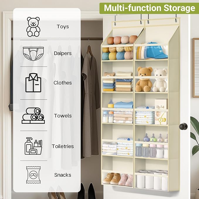 AOODA 2 Pack Over the Door Organizer, Large Capacity Closet Door Hanging Organizer, Clear Deep Pockets Baby Storage for Nursery, Bathroom, Bedroom, Pantry, Diapers (Light Yellow)