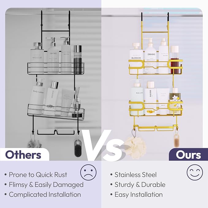 SWTYMIKI Over the Door Shower Caddy Hanging with Double Soap Holder, Hanging Shower Organizer with 16 Hooks, No Drilling Shower Shelves Over Door, Bathroom Rack and Storage, Gold