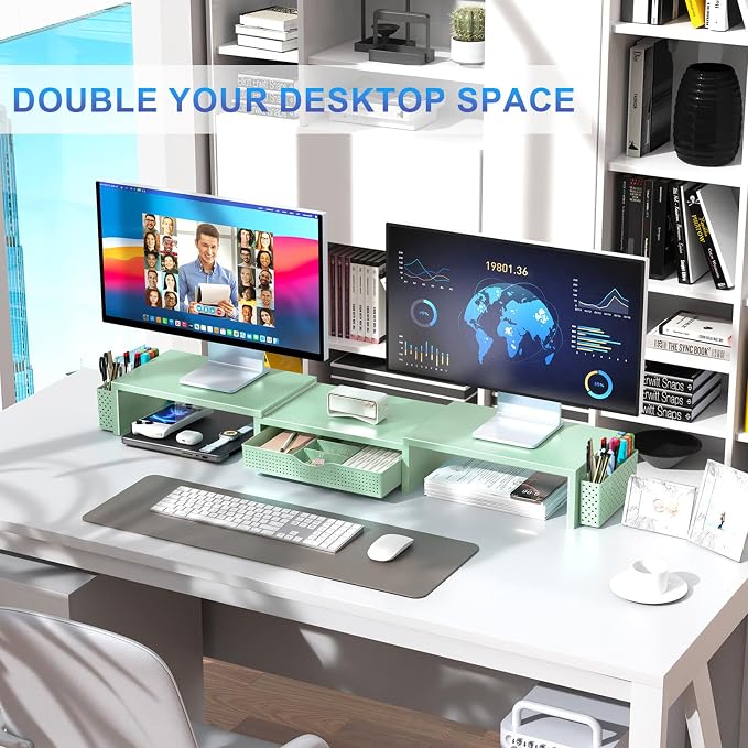 gianotter Dual Monitor Stand Riser, Desk Organizer With Drawer and 2 Pen Holders, Computer Monitor Stand, Desk Shelf for Top of Desk (Sage Green)