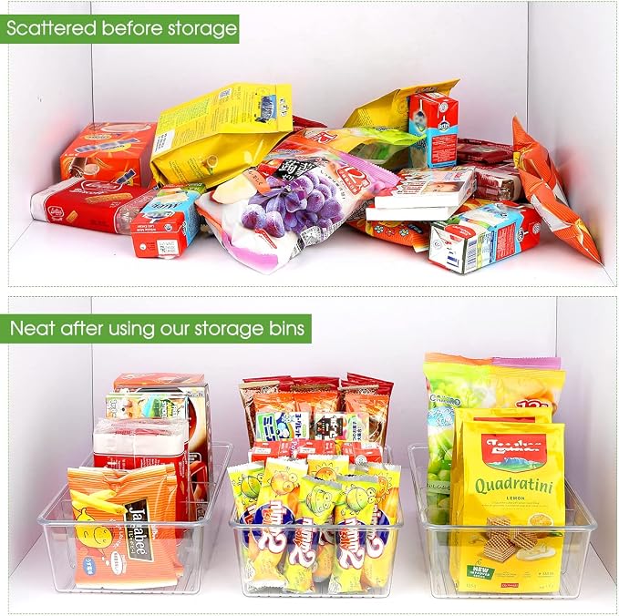 ZIZOTI Snack Organizer for Pantry Shelf, 6 Pack Clear Plastic Pantry Storage Bins with 3 Dividers for Snacks, Spices, Chips Food Organizer, Stackable Pantry Organizers for Kitchen, Fridge, Cabinet