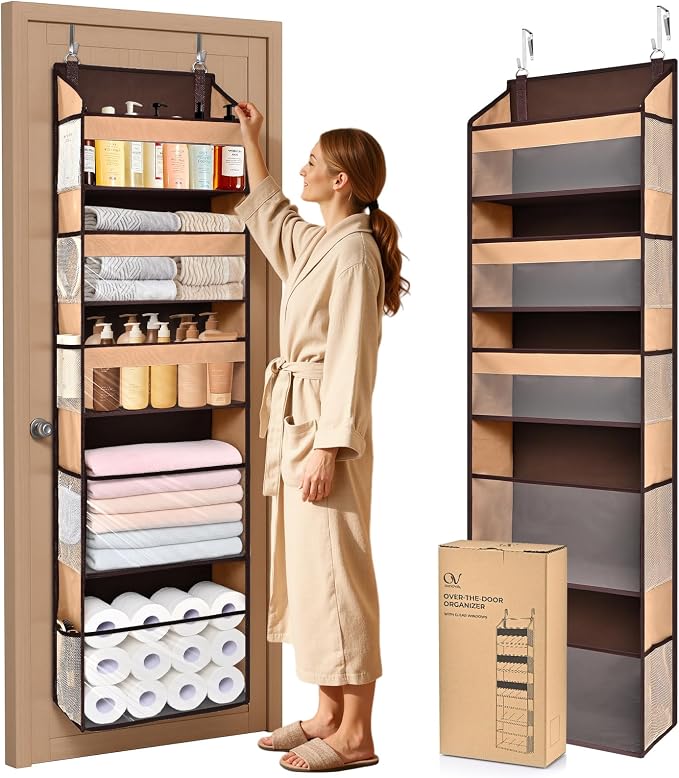 5 Tiers Over Door Organizer with 10 Mesh Side Pockets, 44 lbs Weight Capacity Hanging Storage Organizer with Clear Window Kids Toys, Shoes, Diapers, Brown