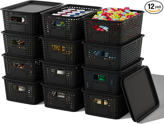 ORGIDOL Plastic Storage Basket with Lids 12 Pack Stackable Black Storage Bins Containers with Lid, Decorative Storage Boxes for Organizing Shelves, Drawers, Playroom, Classroom, Office, Closet