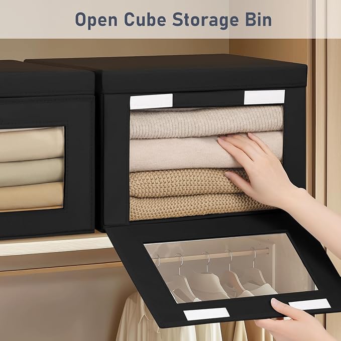 DIMJ Storage Bins with Lids - 8 Pack Large Fabric Closet Organizer with Window & Handles, Collapsible Decorative Storage Boxes for Shelves Under Bed, Books Clothes Blankets Sweaters Organization