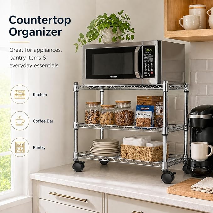 Simple Deluxe 3-Tier Storage Shelves, 750 Lbs Loading Capacity, 24.02" W x 13.78" D x 21.97" H Shelving Unit for Garage, Pantry and Kitchen, Chrome