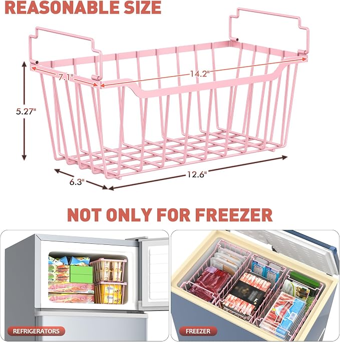 Goovilla Freezer Organizer Bins for 5-7 Cu.FT Chest Freezer, 8 Pack Pink | Foldable Handle Stackable Freezer Baskets, Coated Metal Freezer Storage Bins with Better Space Utilization, Deep Organization