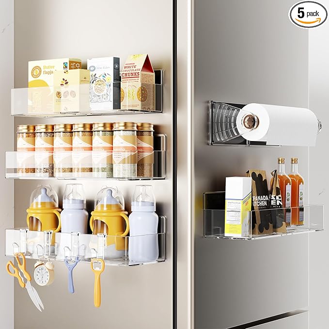 Mystozer Magnetic Spice Rack for Refrigerator, 4 Pack Magnetic Shelf and 1Pack Paper Towel Holder,Fridge Organizers and Storage Clear(5 Pack)