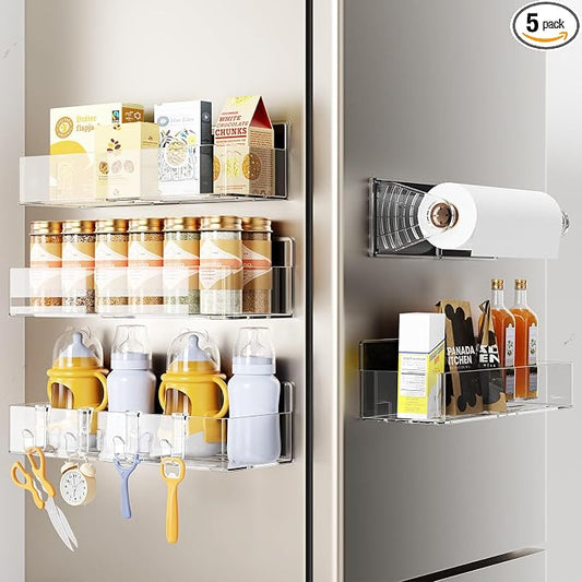 Mystozer Magnetic Spice Rack for Refrigerator, 4 Pack Magnetic Shelf and 1Pack Paper Towel Holder,Fridge Organizers and Storage Clear(5 Pack)