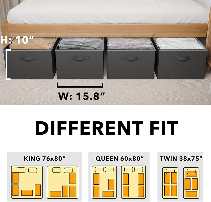 SpaceAid 4 Pack 10" High Under Bed Storage Containers, Large Underbed Storage Organizer Bins with Lids for Bedroom, Dorm, Clothes, Closet Organization, Bed Sheets and Blankets (Black)