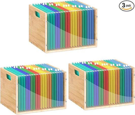 Sbanmao 3 Pack Hanging File Organizer, Acrylic File Box Organizer, Bamboo File Crate File Cabinet Storage Box, File Folder Organizer for Home Office Desk, Letter Size