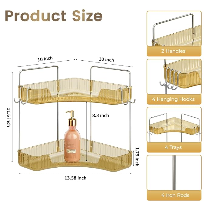 Corner Counter Organizer, 2 Tier Bathroom & Kitchen Storage Tray | PET Vanity Organizer Storage Countertop with Hooks for Skincare, Makeup & Jewelry, Gold