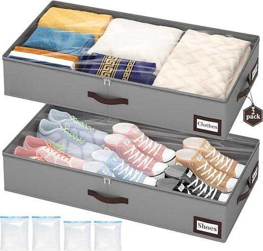 OIAHOMY 2 Pack Under Bed Storage with Handles, Underbed Container for Bedroom & Closet, Fits Beds Higher than 6", Under the Bed Storage for Seasonal Clothes, Blankets & Shoes - Grey