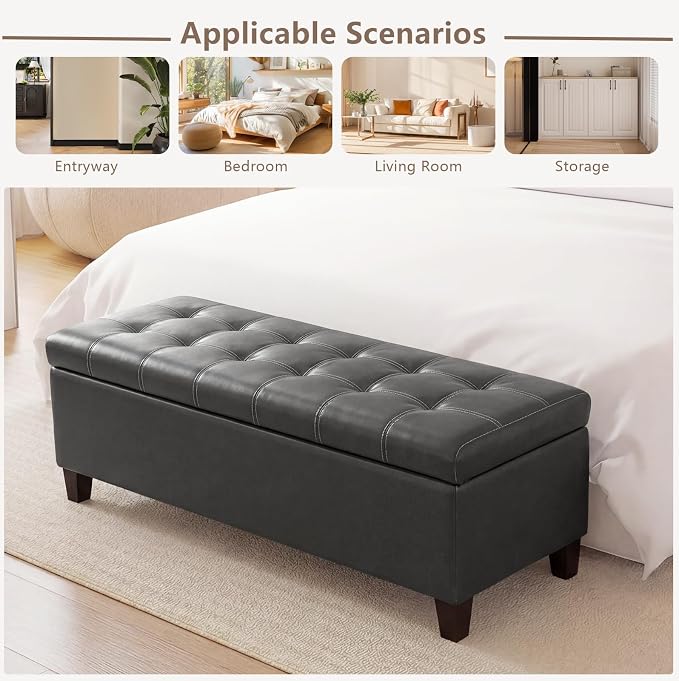 Joveco Storage Ottoman Bench, Tufted Leather 51 Inch Storage Bench for End of Bed Bedroom Living Room (51”, Dark Gray)