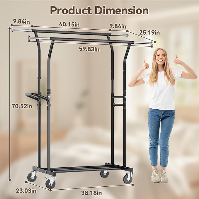 800LBS Heavy Duty Clothes Rack: Rolling Clothing Rack for Hanging Coat Double Rods Portable Wardrobe Garment Racks with Wheels Shelf Sturdy Metal Adjustable Bedroom Laundry Living Room (Brown)