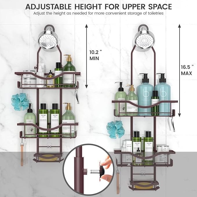 REINHARDT Adjustable Shower Caddy Hanging Over Shower Head, Bronze | Rustproof Shower Organizer, Extra Long, No Drilling, Anti-Slip, Fast Draining, Soap Holder, 12 Hooks, Bathroom Accessories