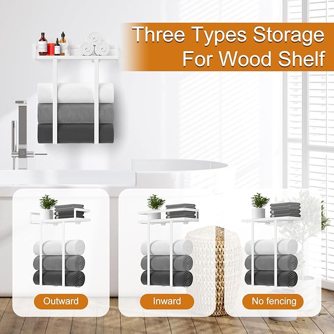 Towel Racks for Bathroom Wall Mounted, Xstydes Metal Towel Holder with Wooden Shelf for Folding Large Towels, Towel Storage for Small Bathroom Organizer Decor or RV Camping,White