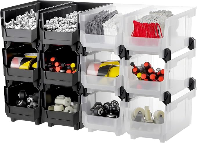 VEVOR Plastic Stackable Storage Bins, 14.8 x 8.5 x 7.1 inch (12 Pack), Plastic Containers for Organizing & Storage Bins for Garage, Small Parts, Office Supplies, Other Accessories, Black & Transparent