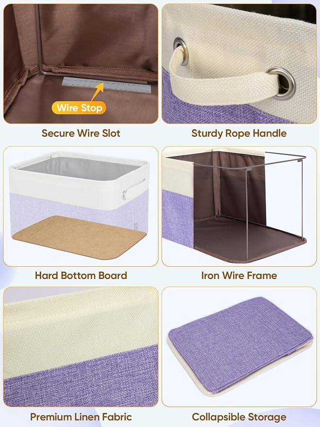 BALEINE 3 Pack Fabric Closet Storage Bins for Shelves, Linen Closet Organizers and Storage, Decorative Baskets for Organizing, Shelf, Clothes, Home, Office (Lavender, 14''x10''x8.5'')