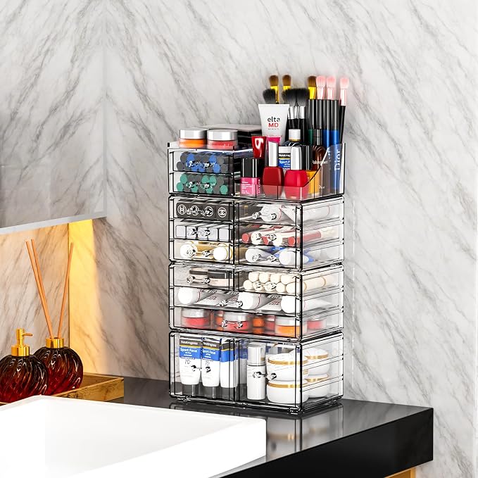 Cq acrylic Make Up Organizers for Vanity With 14 Drawers, 4 Pack Clear Drawer Organizers,Plastic Cute Desk Accessories Organization and Bathroom Organizers Storage Case Box Cube for Beauty,Skin Care
