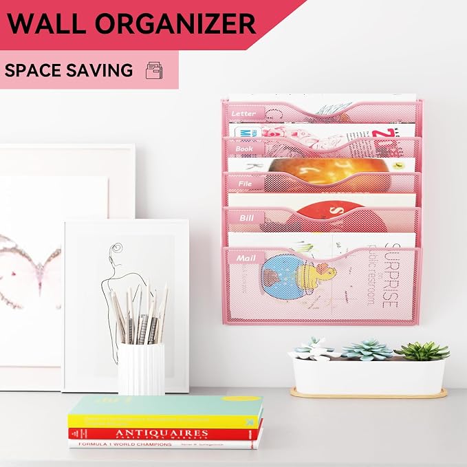 5 Pockets Hanging Wall File Organizer Mail Holder, Wall Mounted Paper Document Folder Holder, Clipboard Storage Organization Magazine Rack, Pink