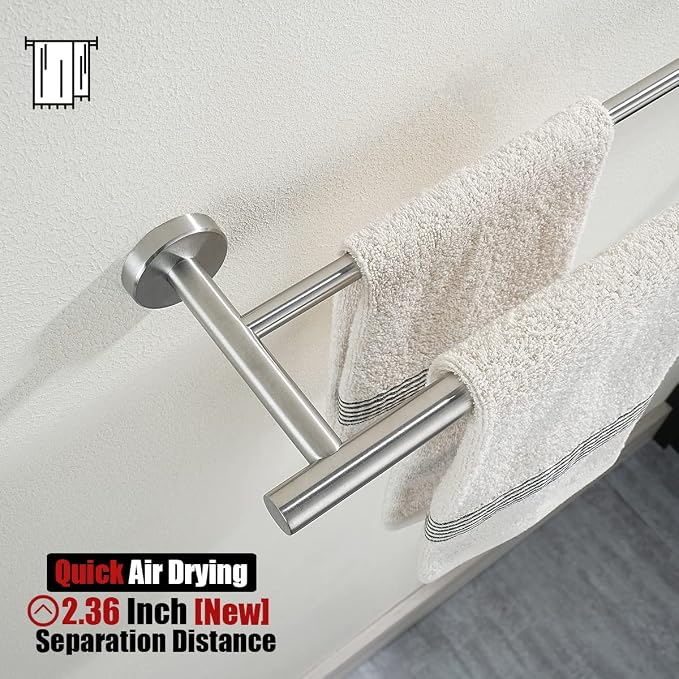 JQK Double Towel Bar 27 Inch, Brushed Steel Useable Length 24 Inch 304 Stainless Steel Thicken 0.8mm Bath Towel Rack for Bathroom, Towel Holder Wall Mount, TB100L24-BN