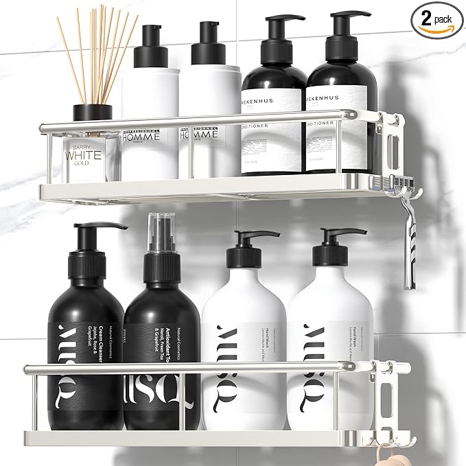 YASONIC Shower Caddy Adhesive, Rustproof Shower Organizer, Large Capacity Shower Shelves for Inside Shower, No Drilling Bathroom Organizers and Storage for Home Decor （2 Pack Silver）