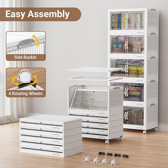 BROVIEW 240 Qt Stackable Storage Bins with Lid, Plastic Closet Organizers and Storage Drawer, Collapsible Storage Box with Wheels, Folding Storage Cabinet for Closet Clothes Organization, 3Pack White